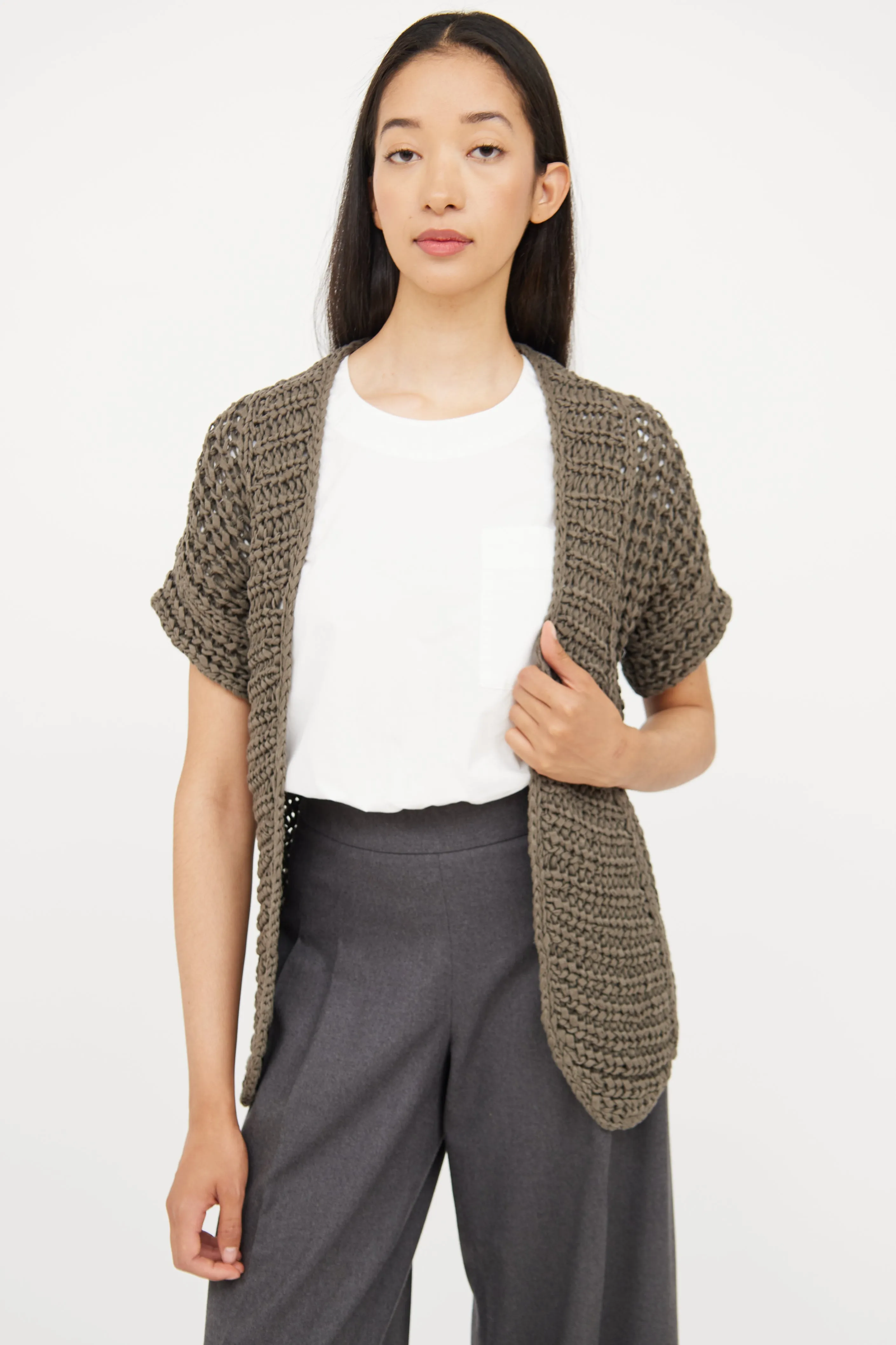 Grey Knit Short Sleeve Wrap Cardigan