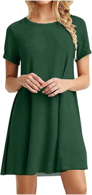 hlysgo Summer Mini Dress for Women Casual Loose Fit Short Sleeve Crew Neck T-Shirt Dresses Petite Ladies Knee Length Dress