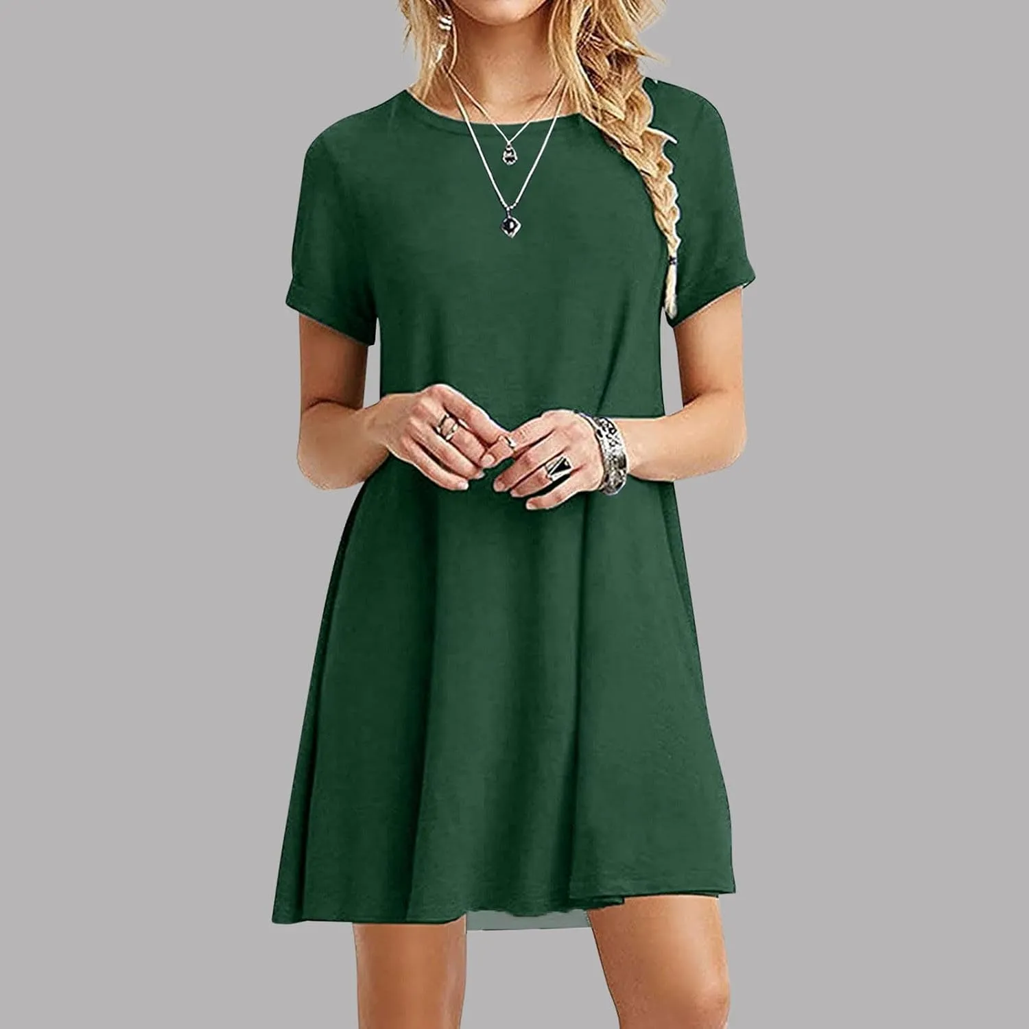 hlysgo Summer Mini Dress for Women Casual Loose Fit Short Sleeve Crew Neck T-Shirt Dresses Petite Ladies Knee Length Dress