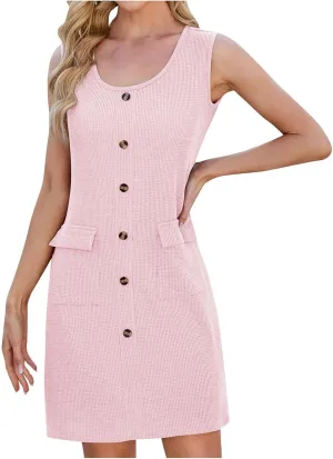 hlysgo Waffled Dress for Women 2025 Summer Sleeveless Scoop Neck Mini Dresses Casual Slim Fit Short Sundress with Pockets