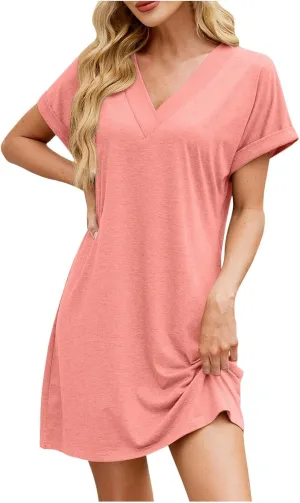 hlysgo Womens Beach Dress 2025 Casual Loose Fit Comfy Going Out Dresses Summer Short Sleeve V Neck Mini Dress for Ladies