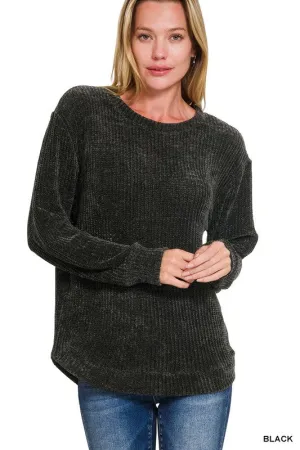 Its Over My Head Black Chenille Waffle Sweater
