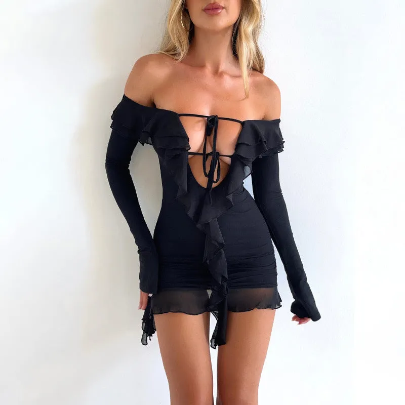 Lace-Edged Hollow Out Long Sleeve Bodycon Dress