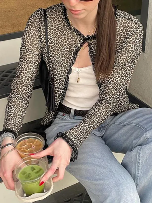 Leopard Lace Cardigan Versatile Slim Long-sleeved Top