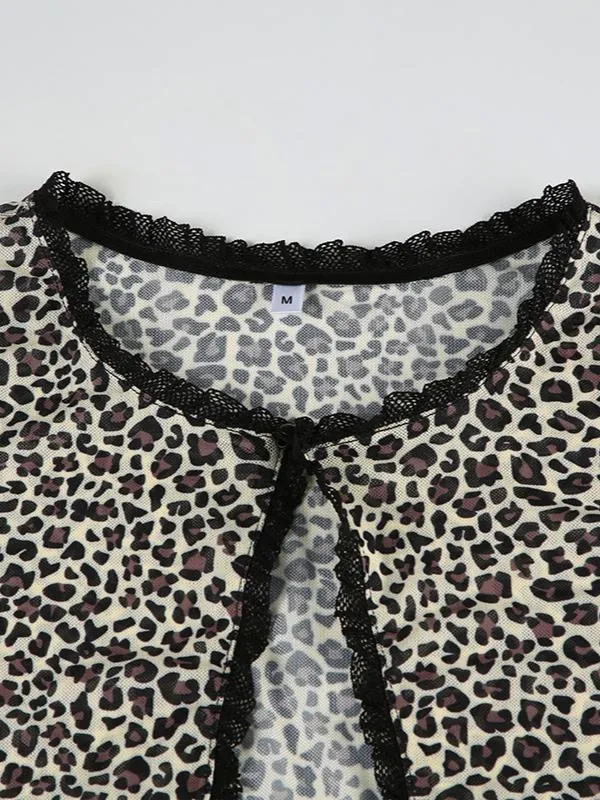 Leopard Lace Cardigan Versatile Slim Long-sleeved Top
