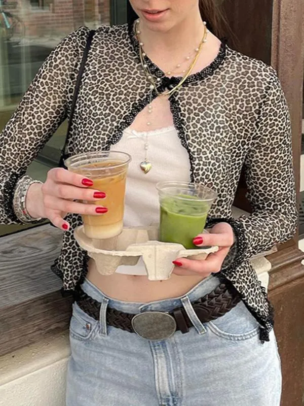 Leopard Lace Cardigan Versatile Slim Long-sleeved Top