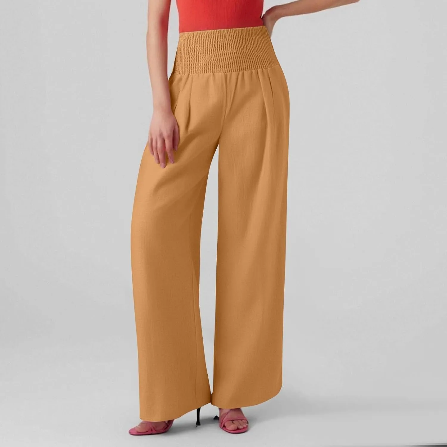 Linen Pants Woman Summer High Waist Palazzo Pants Pleated Baggy Pant Dressy Trousers with Pockets (S-XXL)