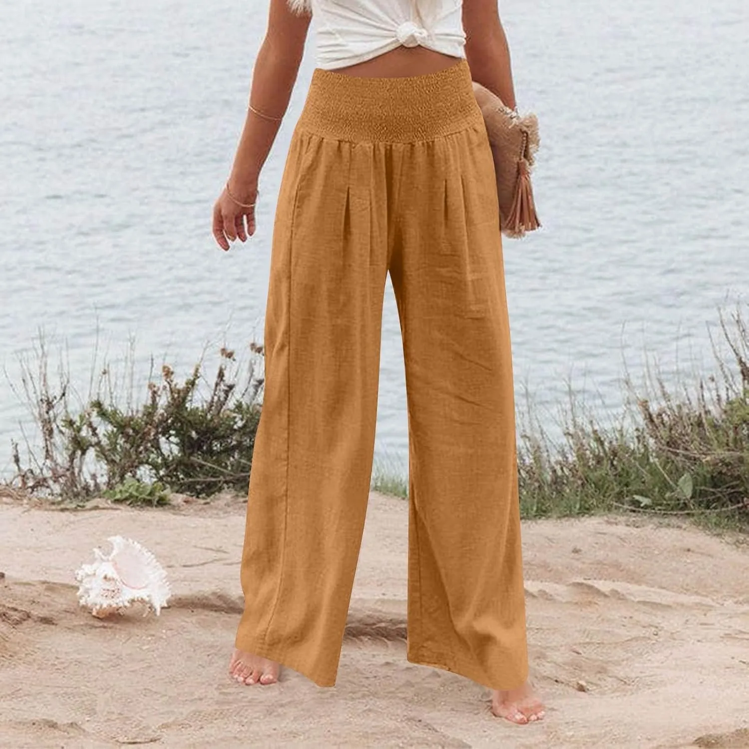 Linen Pants Woman Summer High Waist Palazzo Pants Pleated Baggy Pant Dressy Trousers with Pockets (S-XXL)