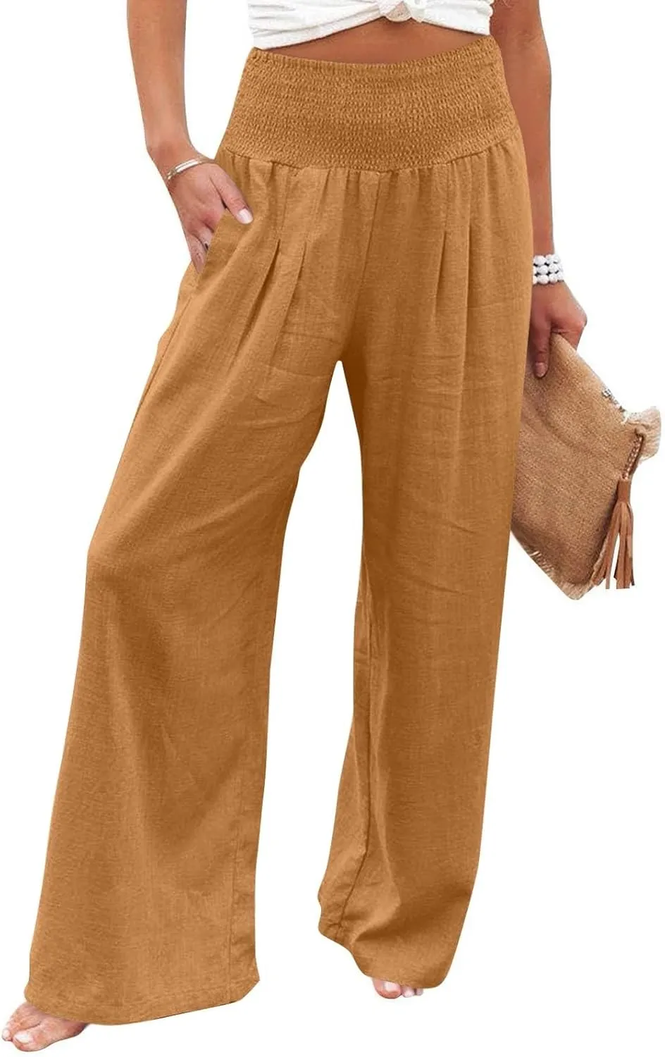 Linen Pants Woman Summer High Waist Palazzo Pants Pleated Baggy Pant Dressy Trousers with Pockets (S-XXL)
