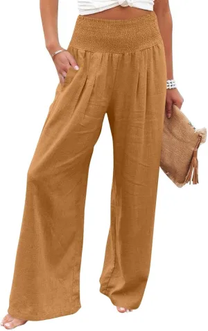 Linen Pants Woman Summer High Waist Palazzo Pants Pleated Baggy Pant Dressy Trousers with Pockets (S-XXL)