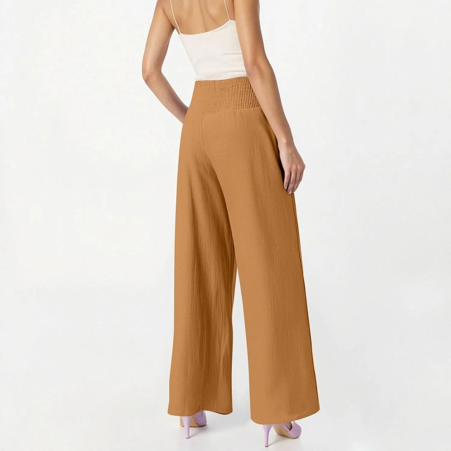 Linen Pants Woman Summer High Waist Palazzo Pants Pleated Baggy Pant Dressy Trousers with Pockets (S-XXL)
