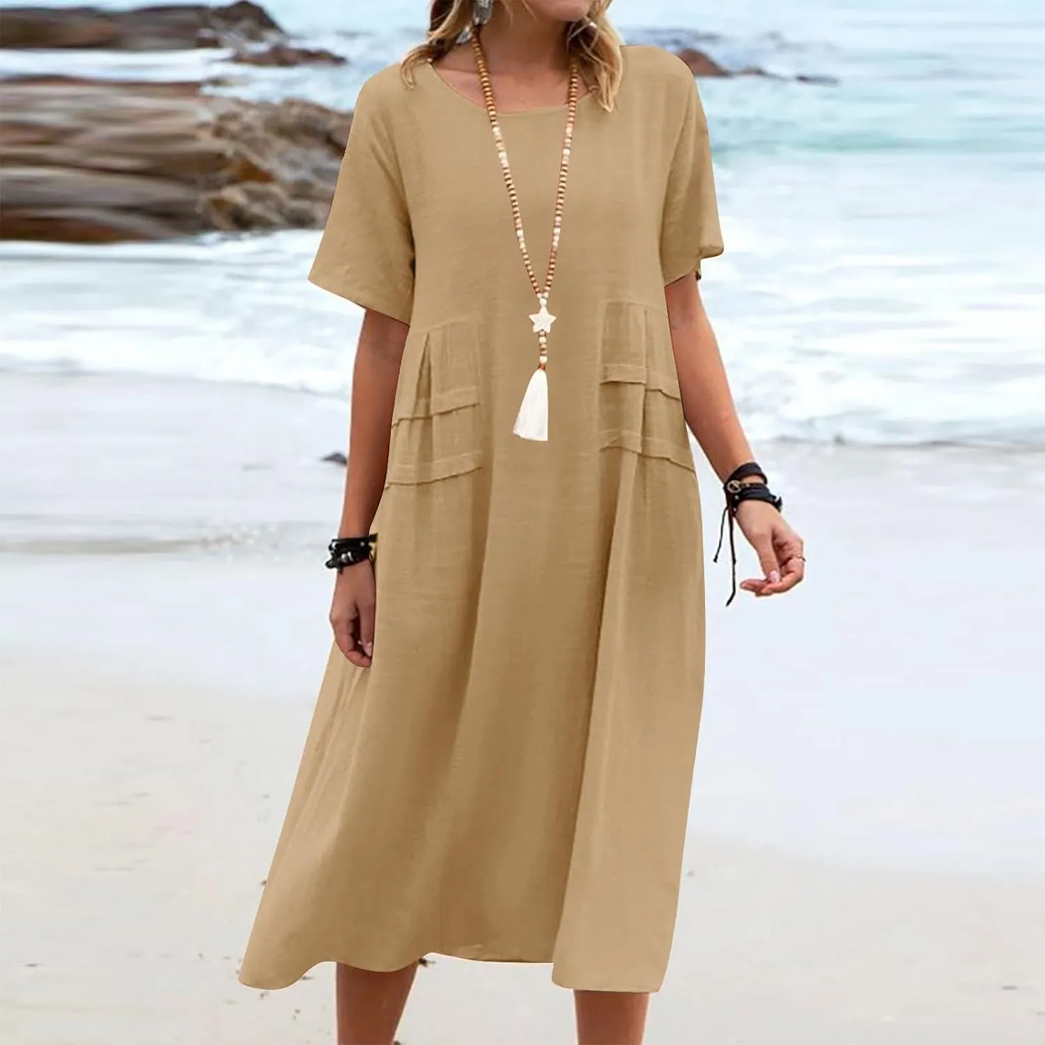 Long Dress for Women Cotton Linen Boho Flwoy Maxi Dress Short Sleeve Crewneck Loose Casual Beach Summer Sundress
