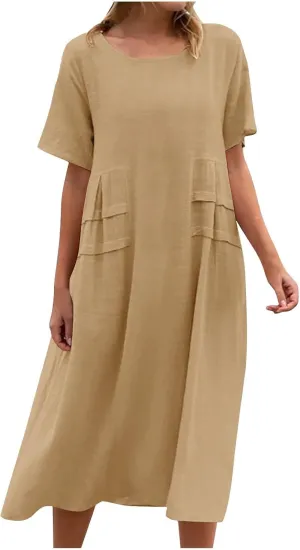 Long Dress for Women Cotton Linen Boho Flwoy Maxi Dress Short Sleeve Crewneck Loose Casual Beach Summer Sundress
