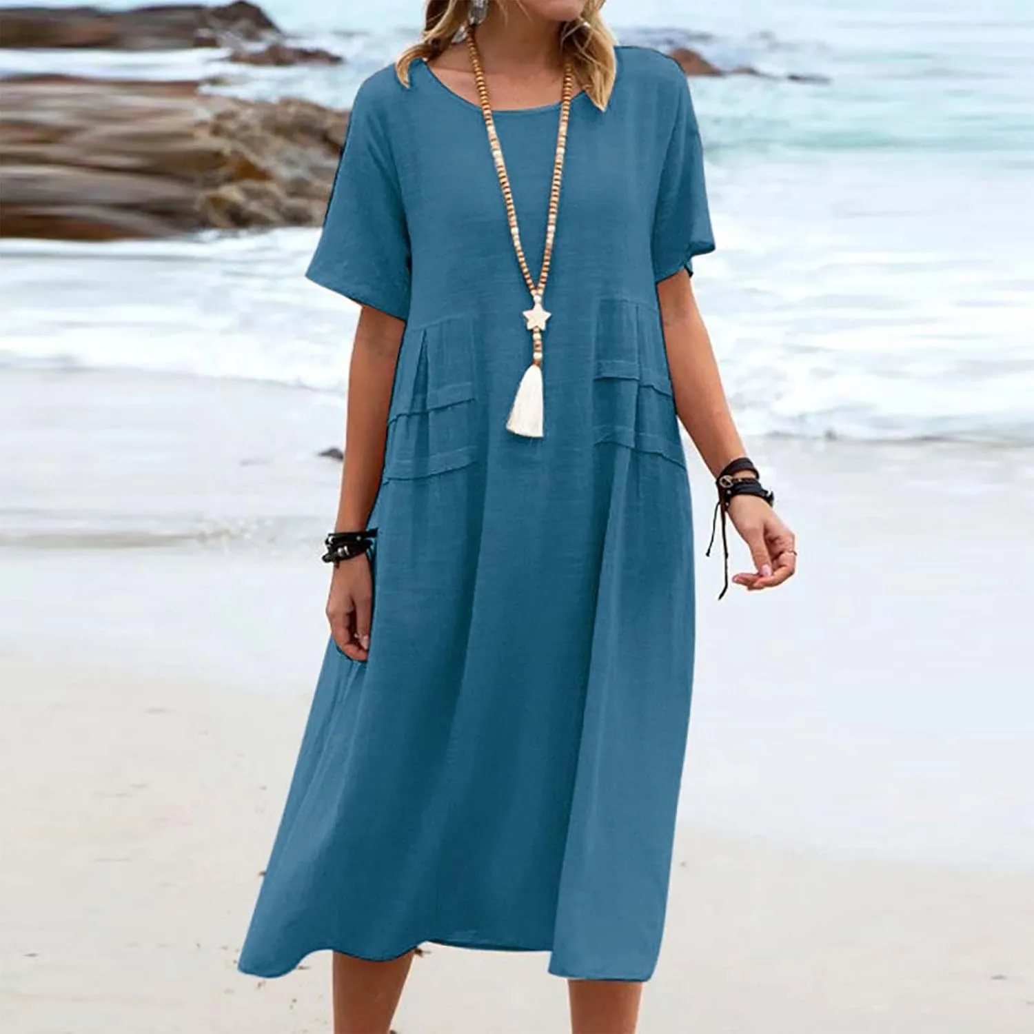 Long Dress for Women Cotton Linen Boho Flwoy Maxi Dress Short Sleeve Crewneck Loose Casual Beach Summer Sundress