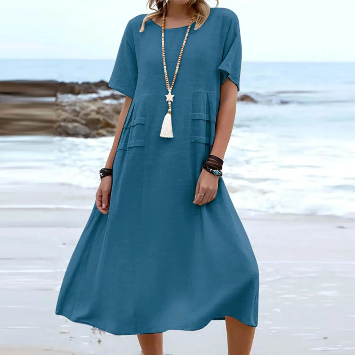 Long Dress for Women Cotton Linen Boho Flwoy Maxi Dress Short Sleeve Crewneck Loose Casual Beach Summer Sundress