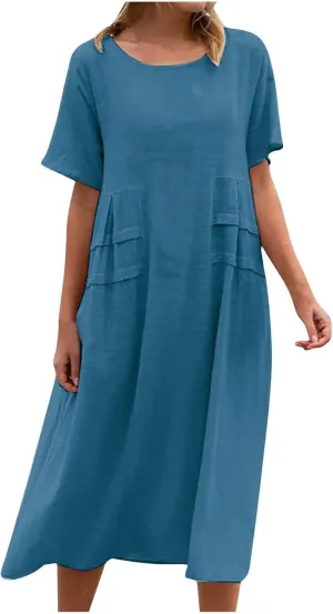 Long Dress for Women Cotton Linen Boho Flwoy Maxi Dress Short Sleeve Crewneck Loose Casual Beach Summer Sundress