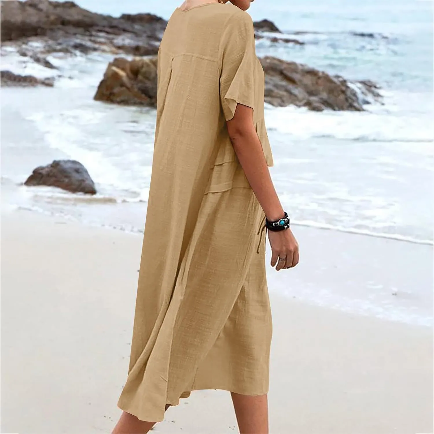 Long Dress for Women Cotton Linen Boho Flwoy Maxi Dress Short Sleeve Crewneck Loose Casual Beach Summer Sundress