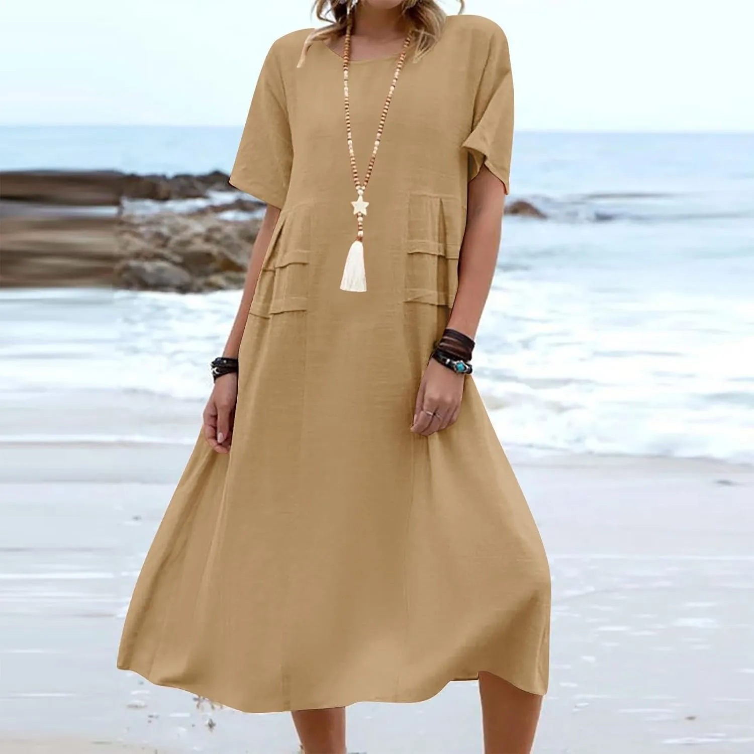 Long Dress for Women Cotton Linen Boho Flwoy Maxi Dress Short Sleeve Crewneck Loose Casual Beach Summer Sundress