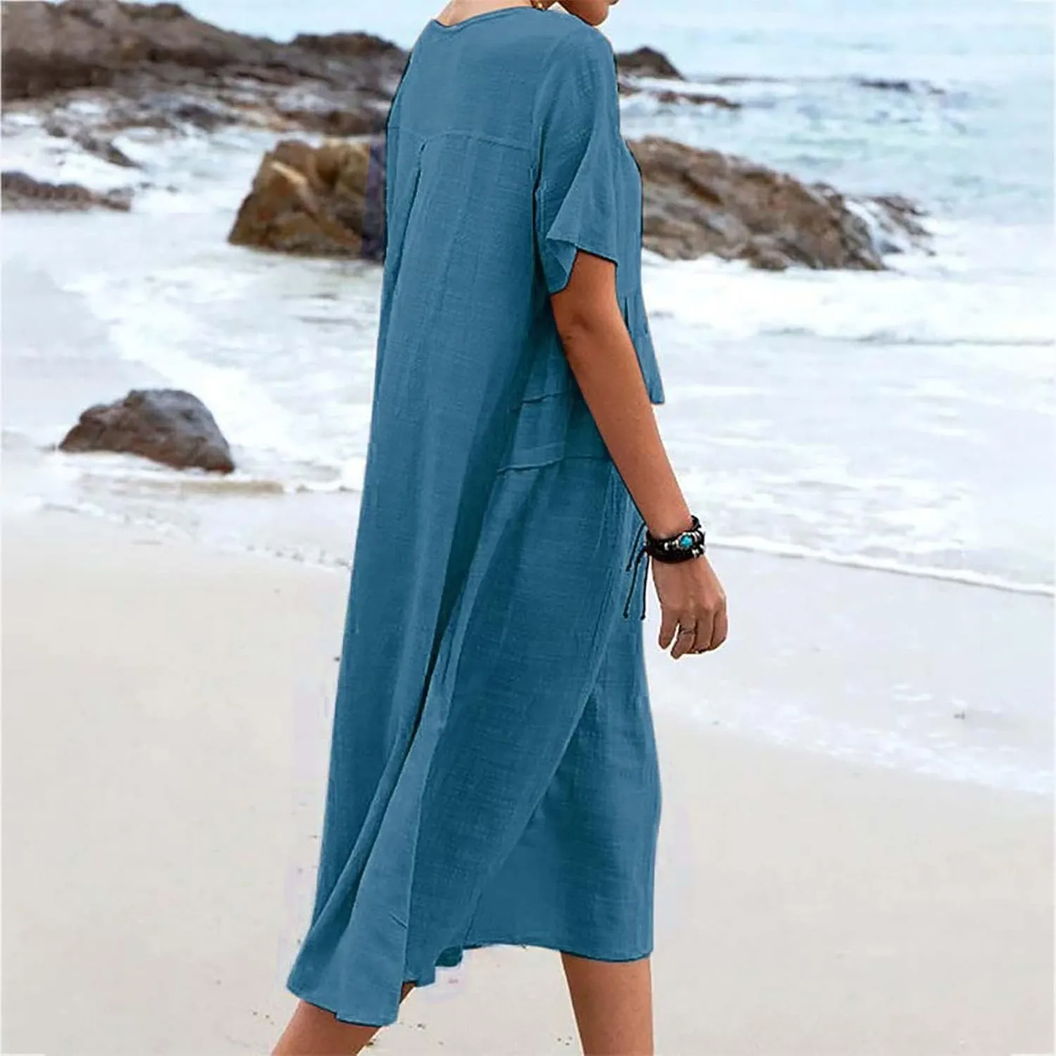 Long Dress for Women Cotton Linen Boho Flwoy Maxi Dress Short Sleeve Crewneck Loose Casual Beach Summer Sundress