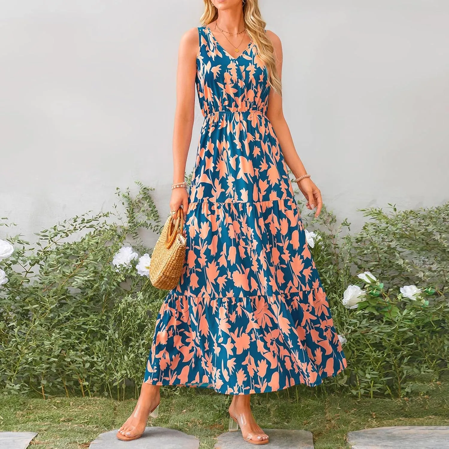 Long Dresses for Women Summer Flowy Dresses Sleeveless Sundresses Beach Aline Dresses 2025 Formal V Neck Wedding Dress