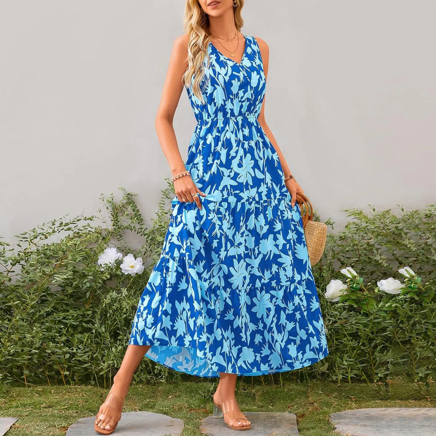 Long Dresses for Women Summer Flowy Dresses Sleeveless Sundresses Beach Aline Dresses 2025 Formal V Neck Wedding Dress