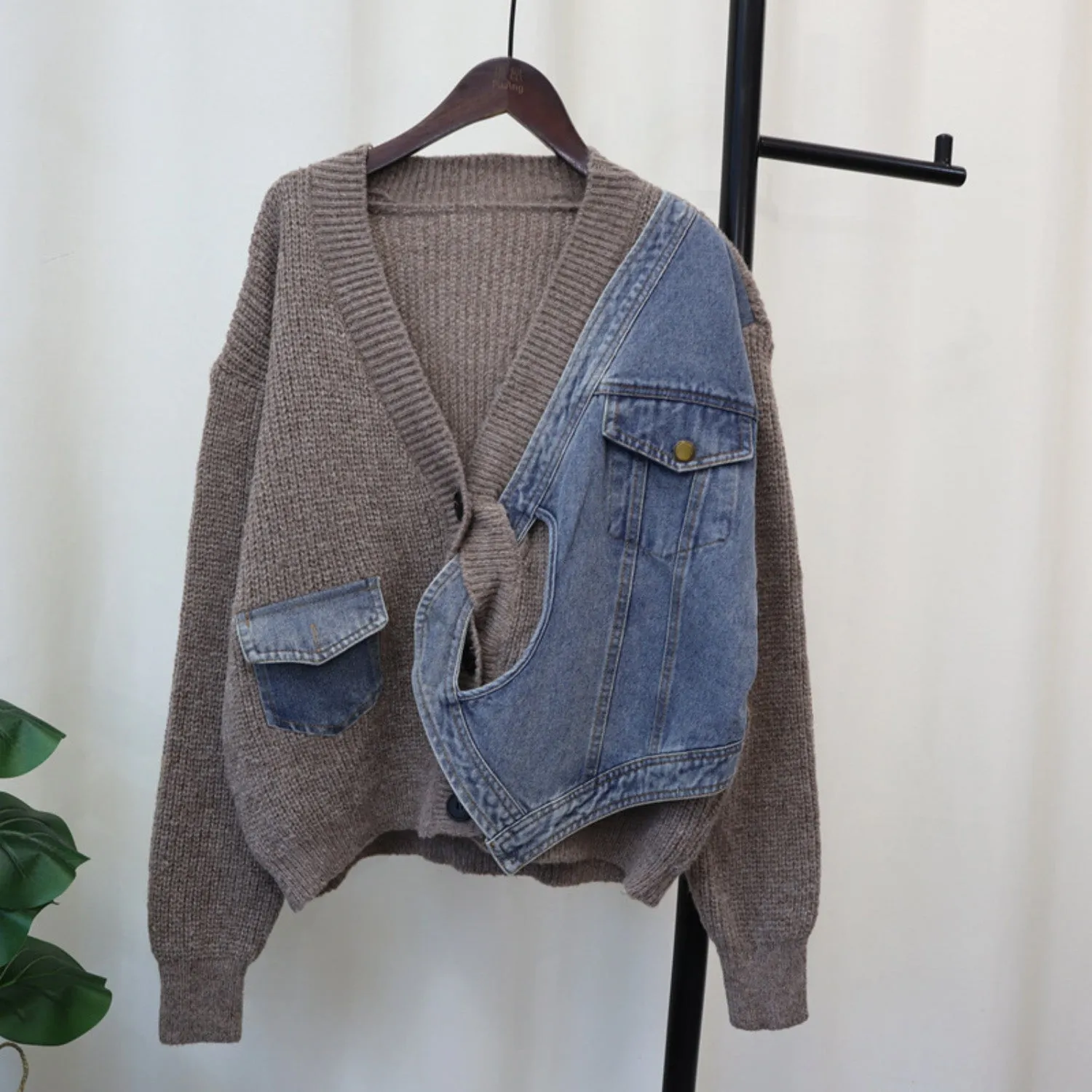 MALYBGG Women's Trendy Knitted Cardigan: Patchwork Denim, Loose & Versatile ZZ-27751