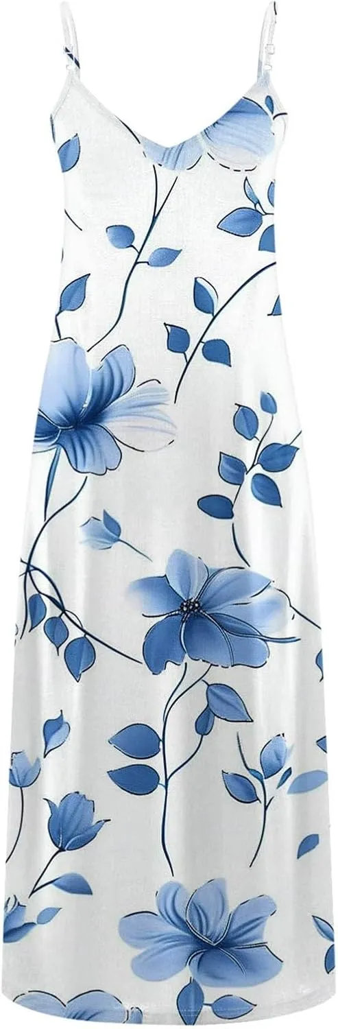 Maxi Dresses for Women 2024 Casual Summer, Sleeveless Casual V Neck Ruffle Dresses, Lightweight Floral Boho Dress