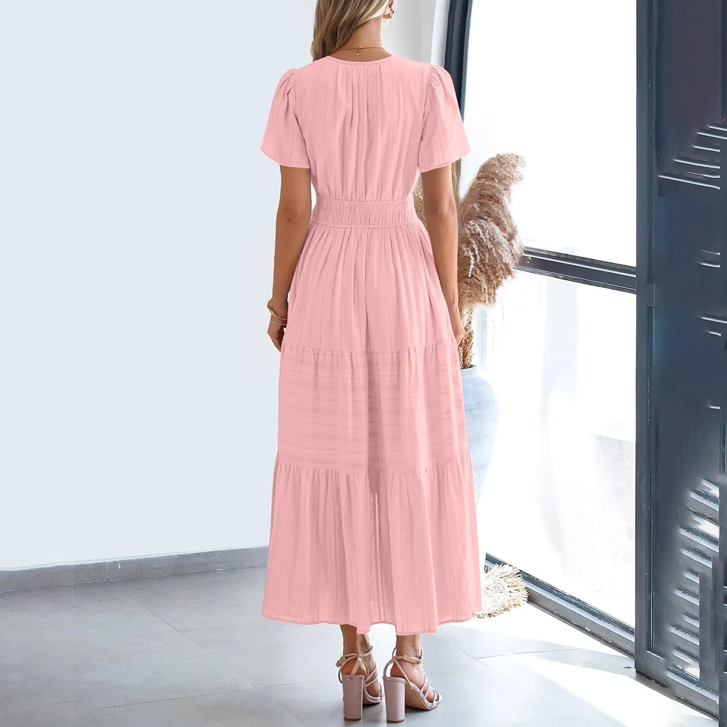 Midi Dress for Women Spring Summer Dressy Casual Vacation Dresses Short Sleeve Boho Trendy Restro Wear Clothes