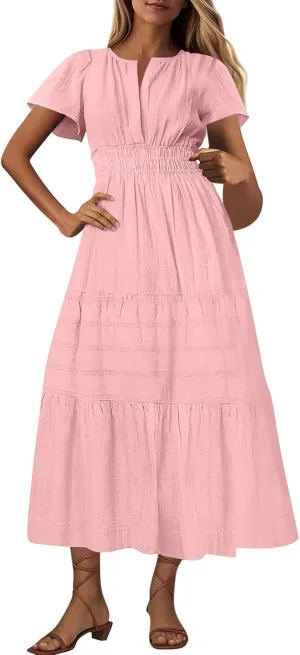 Midi Dress for Women Spring Summer Dressy Casual Vacation Dresses Short Sleeve Boho Trendy Restro Wear Clothes