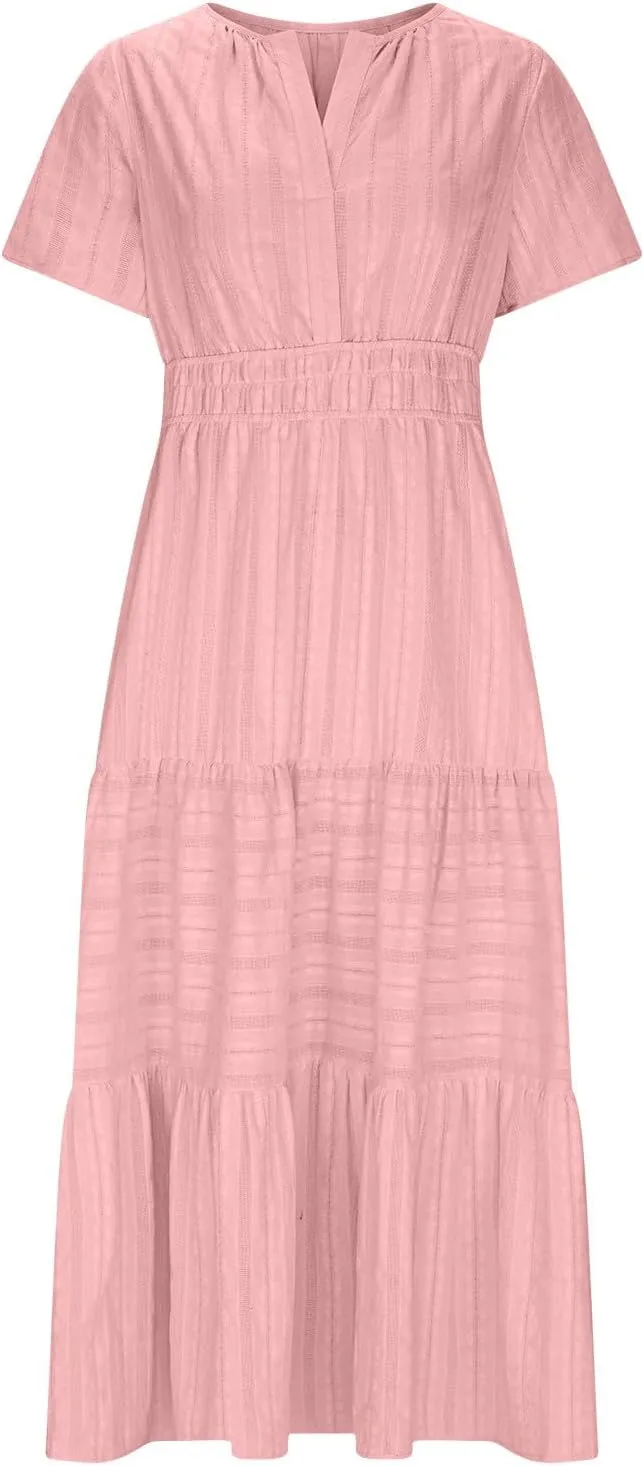Midi Dress for Women Spring Summer Dressy Casual Vacation Dresses Short Sleeve Boho Trendy Restro Wear Clothes