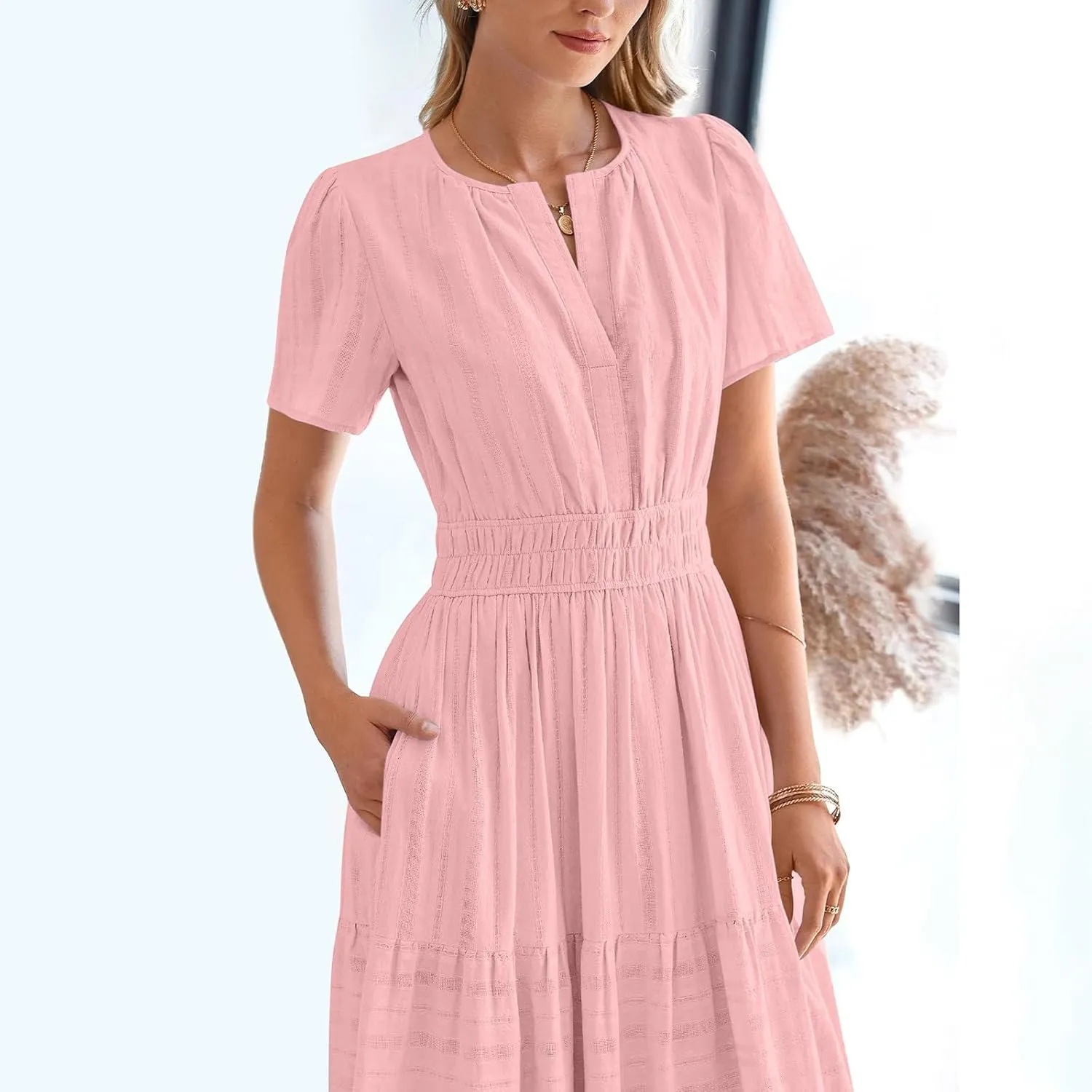 Midi Dress for Women Spring Summer Dressy Casual Vacation Dresses Short Sleeve Boho Trendy Restro Wear Clothes