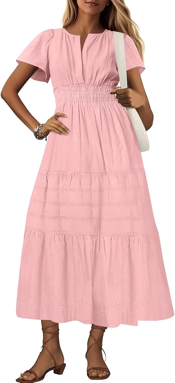 Midi Dress for Women Spring Summer Dressy Casual Vacation Dresses Short Sleeve Boho Trendy Restro Wear Clothes