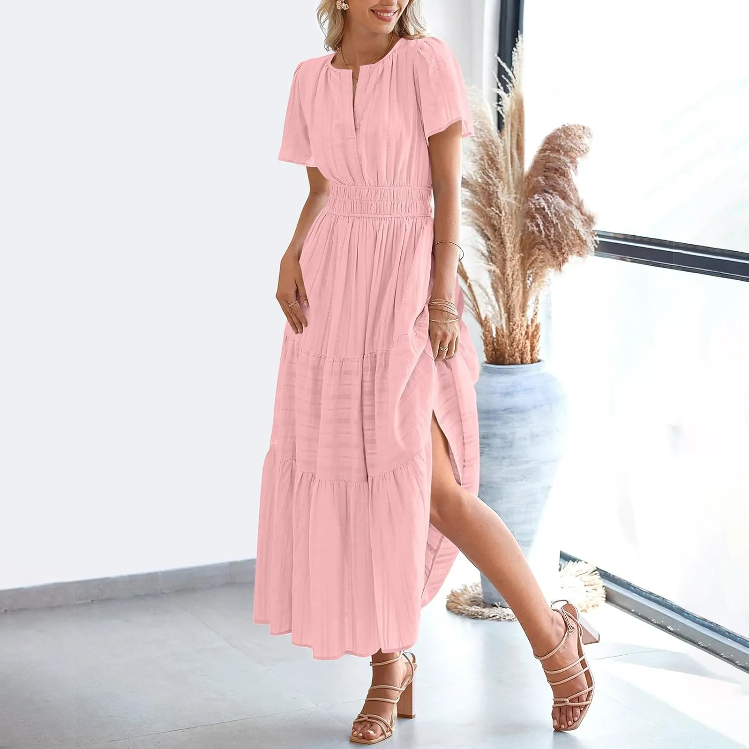Midi Dress for Women Spring Summer Dressy Casual Vacation Dresses Short Sleeve Boho Trendy Restro Wear Clothes