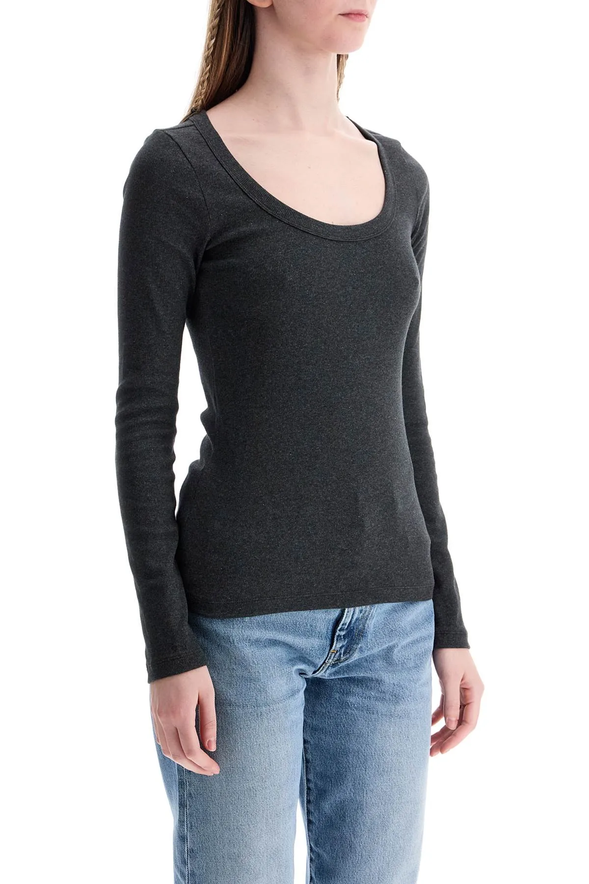 organic cotton charcoal melange ribbed top with wide neck 251 WRT1060 FB0246 CHARCOAL MELANGE