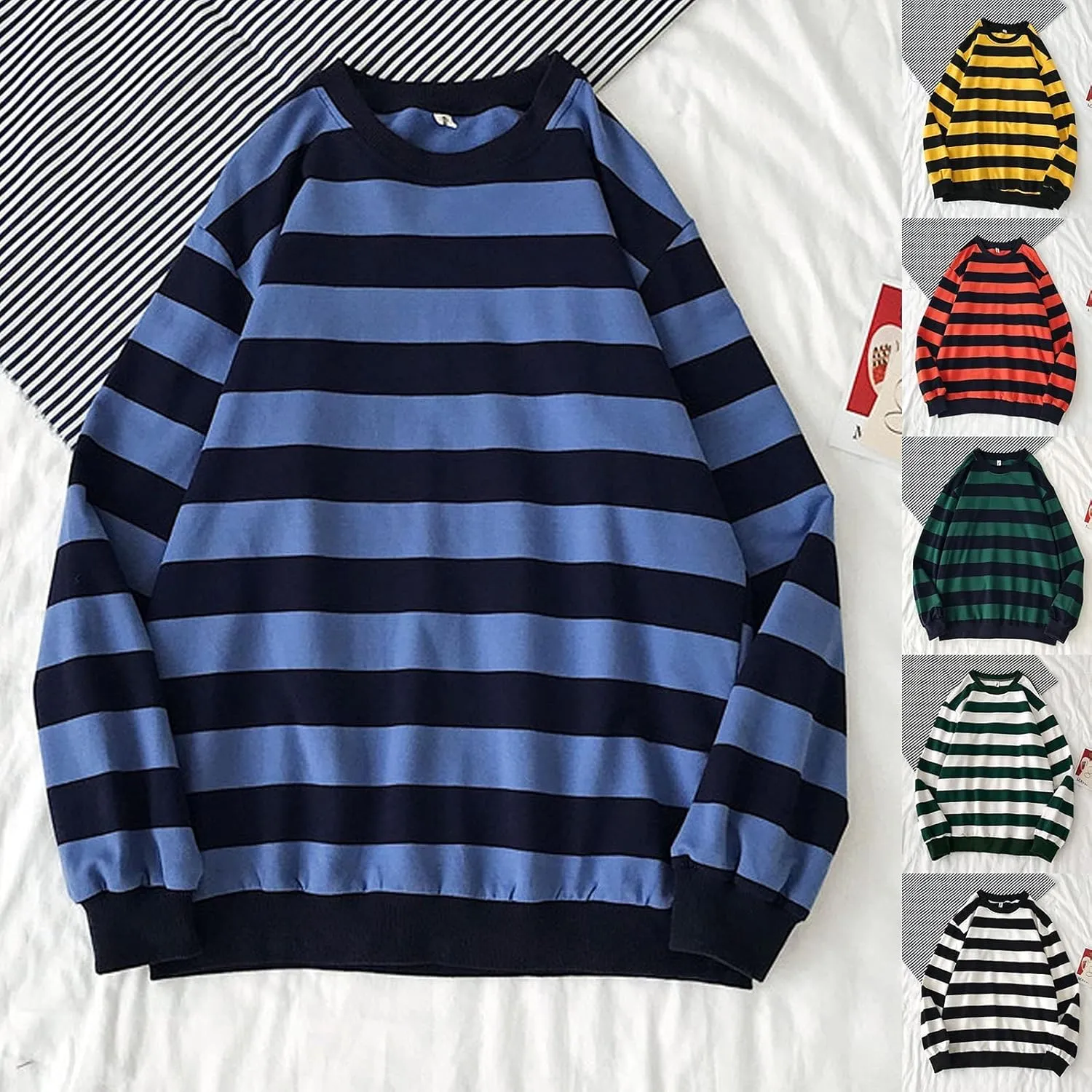 Oversized Sweatshirt for Women Men Grunge Fall Crewneck Striped Long Sleeve Shirts Hoodies Preppy Clothes