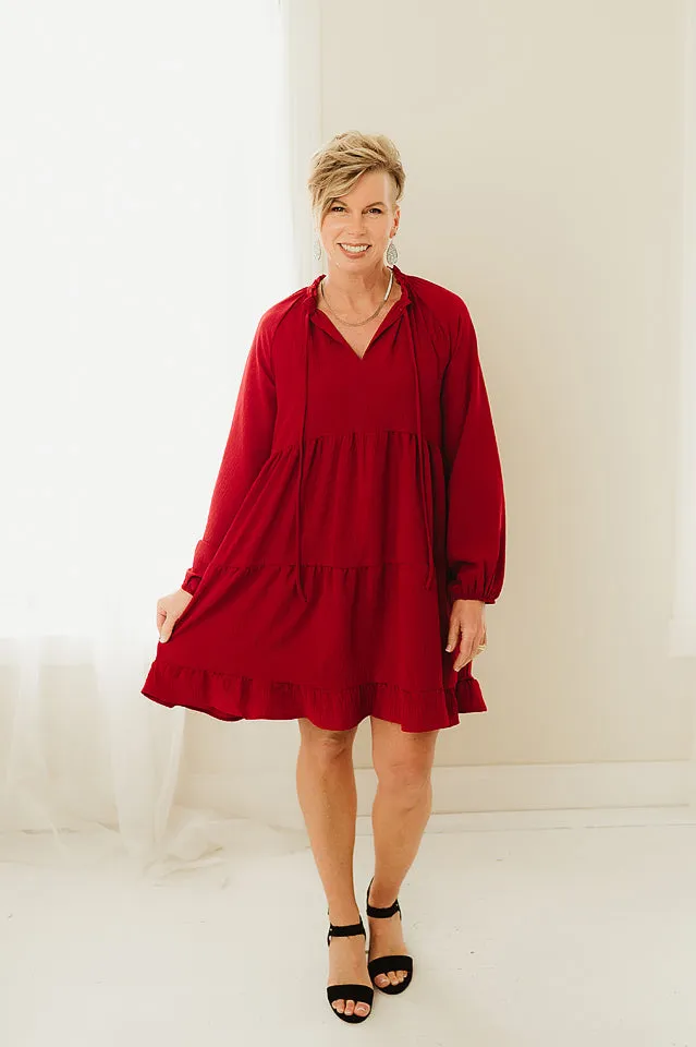 Ruffled Neckline Tiered Dress