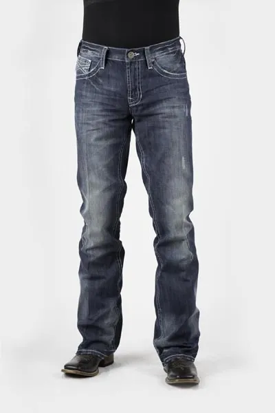 Stetson Mens Blue Cotton Blend Med Wash White X Bootcut Rocks Fit Jeans Style 11-004-1014-3001