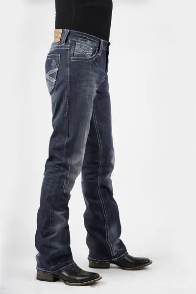 Stetson Mens Blue Cotton Blend Med Wash White X Bootcut Rocks Fit Jeans Style 11-004-1014-3001