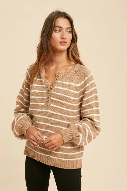 Stripe Balloon Sleeve Sweater (Taupe/Creme)