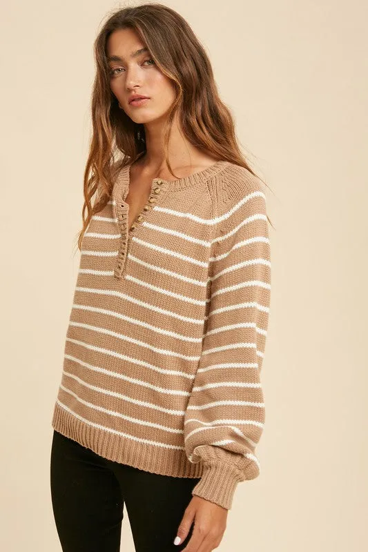 Stripe Balloon Sleeve Sweater (Taupe/Creme)