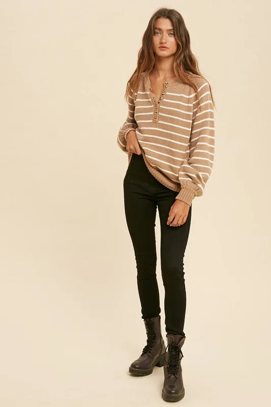 Stripe Balloon Sleeve Sweater (Taupe/Creme)