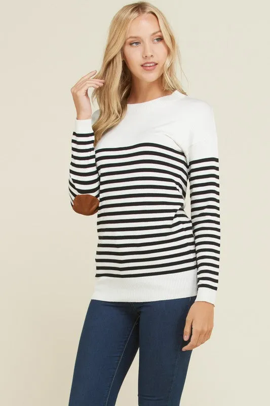 Stripe Elbow Patch Sweater (Ivory)