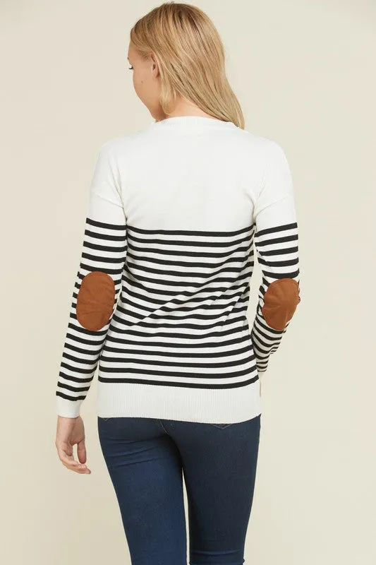 Stripe Elbow Patch Sweater (Ivory)