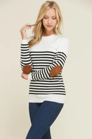 Stripe Elbow Patch Sweater (Ivory)