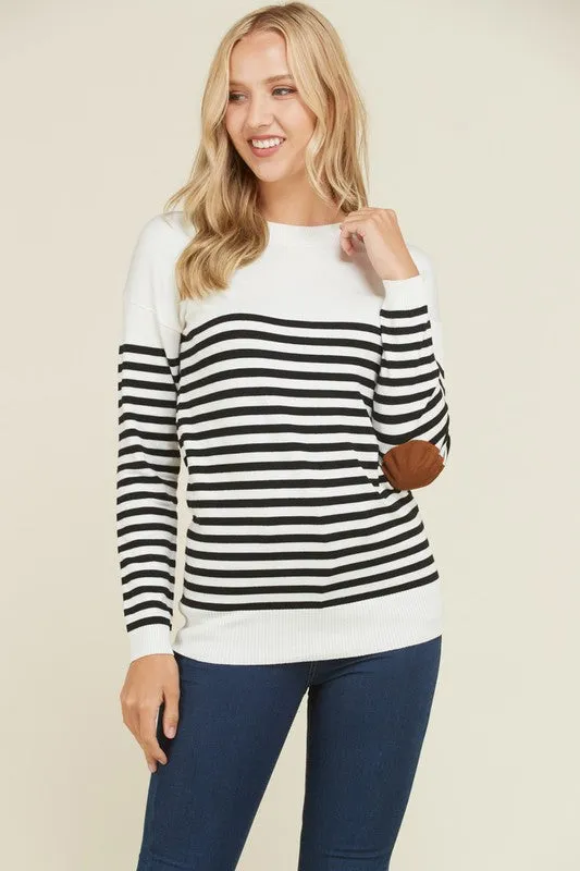 Stripe Elbow Patch Sweater (Ivory)
