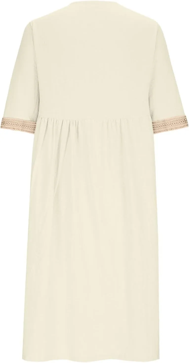 Summer Boho Floral Maxi Dress for Women Linen Beach Sundress with Pockets V-Neck Lace Trim Flowy Vacation Dress
