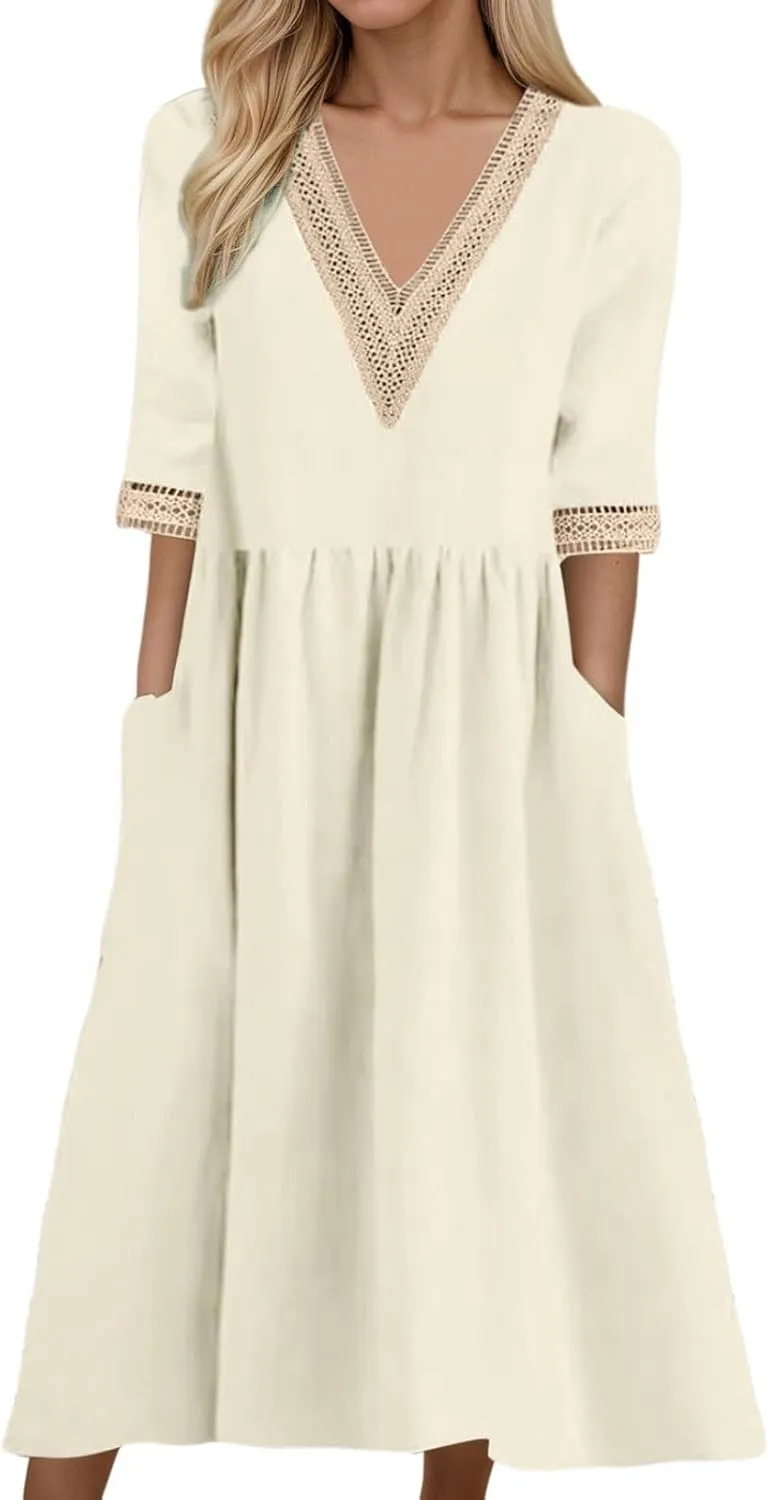 Summer Boho Floral Maxi Dress for Women Linen Beach Sundress with Pockets V-Neck Lace Trim Flowy Vacation Dress