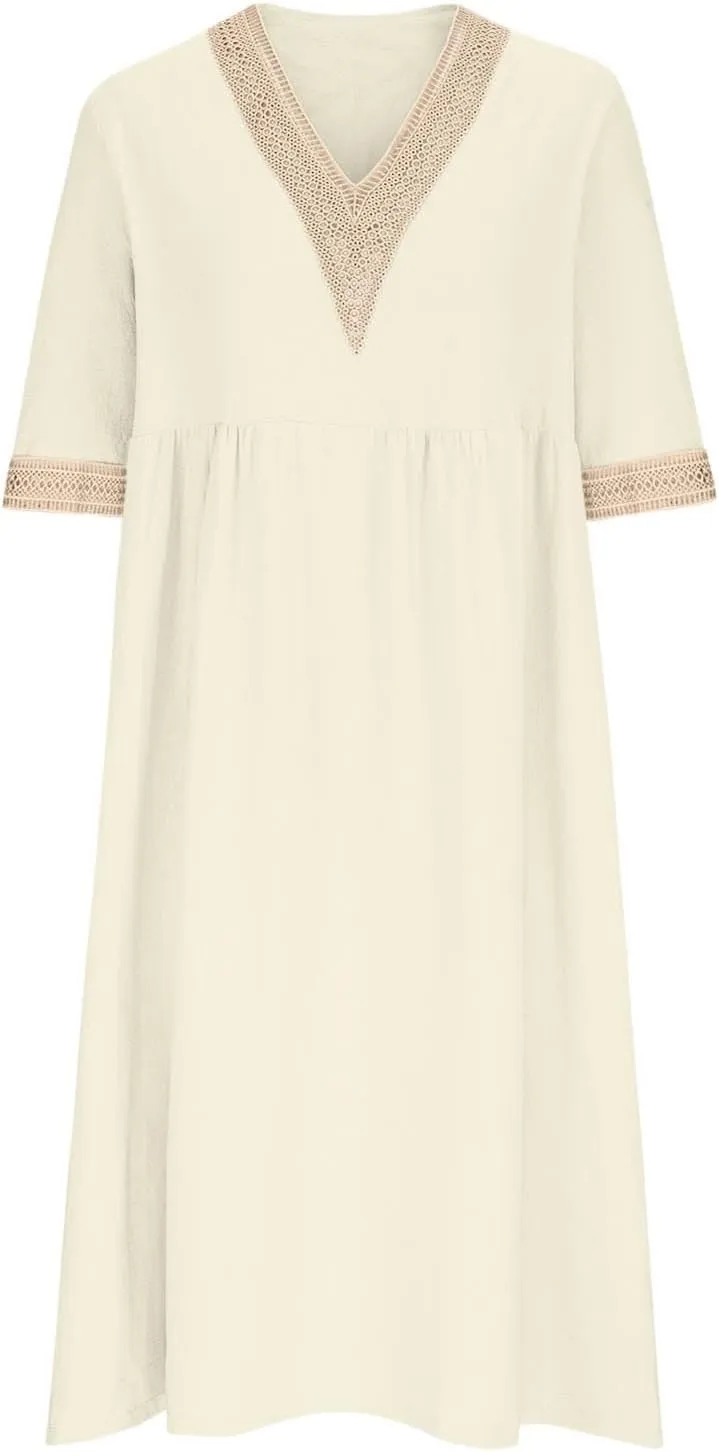 Summer Boho Floral Maxi Dress for Women Linen Beach Sundress with Pockets V-Neck Lace Trim Flowy Vacation Dress