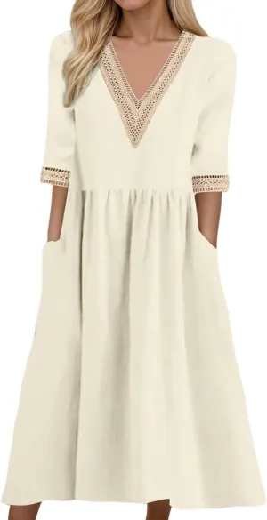 Summer Boho Floral Maxi Dress for Women Linen Beach Sundress with Pockets V-Neck Lace Trim Flowy Vacation Dress
