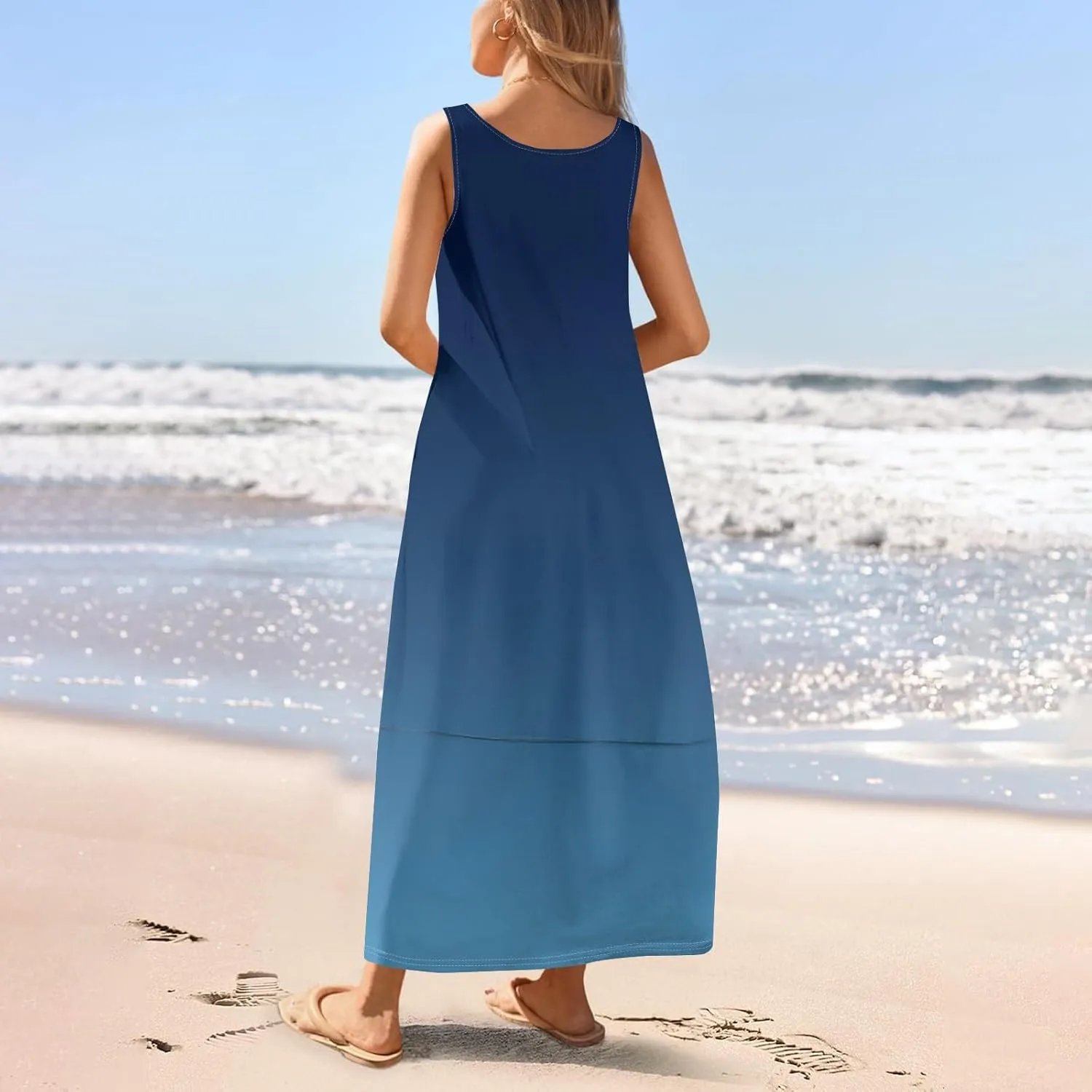 Summer Maxi Dress Women's 2025 Summer Casual Maxi Sundress Beach Gradient Crew Neck Sleeveless Loose Tank Dress